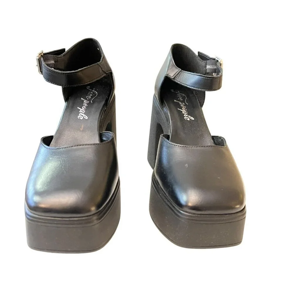 Free People Black Leather Gwen Platform Mary Jane Heels NEW Sz 39 US 9